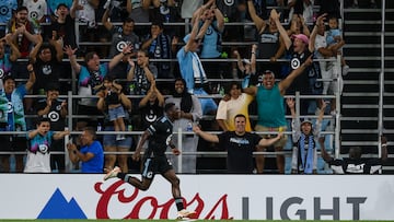 Jul 27, 2023; Saint Paul, MN, USA; Minnesota United forward Bongokuhle Hlongwane (21) celebrates his goal against the Chicago Fire during the second half at Allianz Field. Mandatory Credit: Matt Krohn-USA TODAY Sports